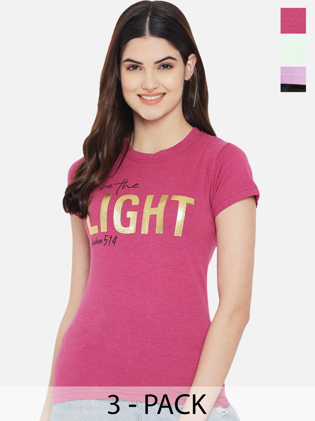 

Fabflee Pack Of 3 Typography Printed Cotton T-shirt, Magenta