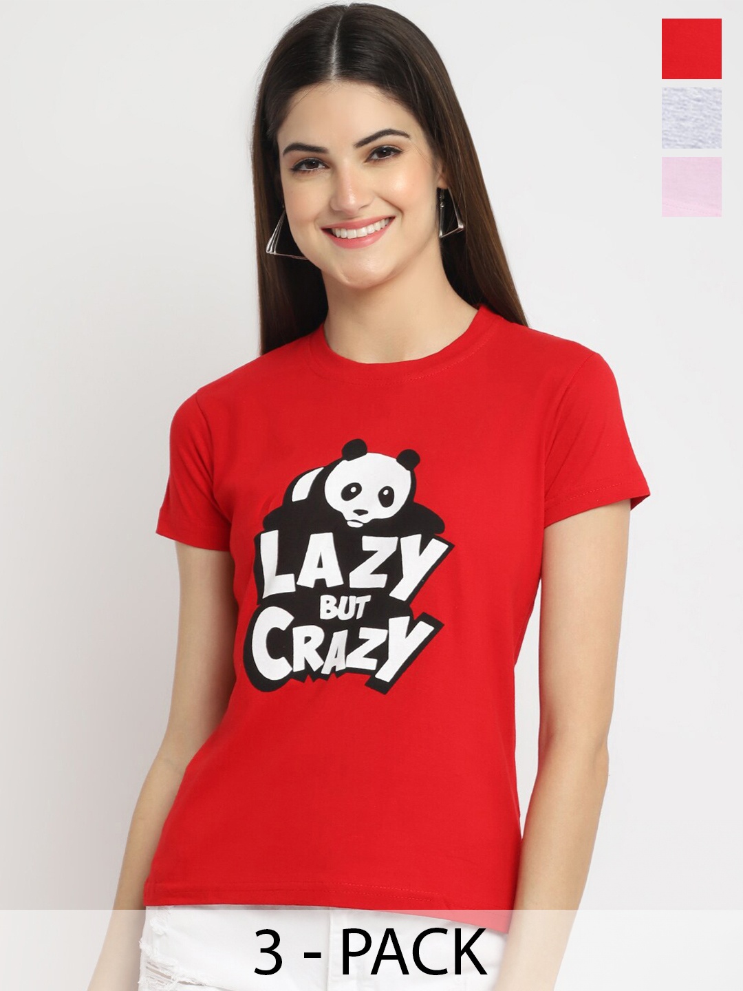 

Fabflee Pack Of 3 Typography Printed Cotton T-shirts, Red
