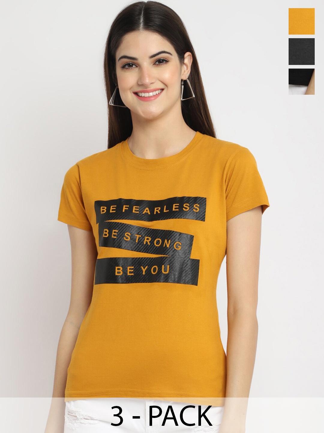 

Fabflee Pack Of 3 Typography Printed Cotton T-shirt, Mustard