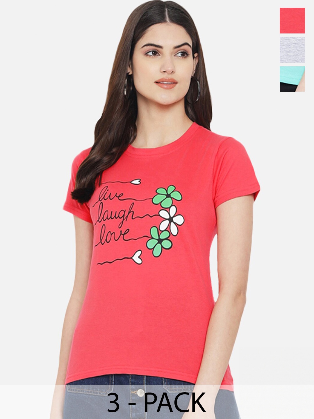 

Fabflee Pack Of 3 Typography Printed Cotton T-shirt, Peach