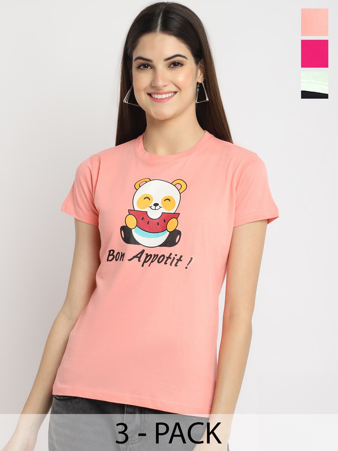 

Fabflee Pack Of 3 Printed Cotton T-Shirts, Peach