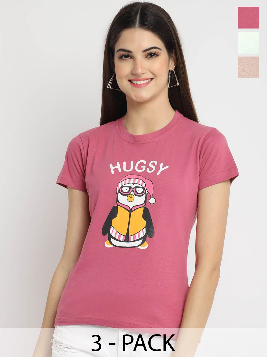

Fabflee Pack Of 3 Printed Cotton T-shirts, Pink