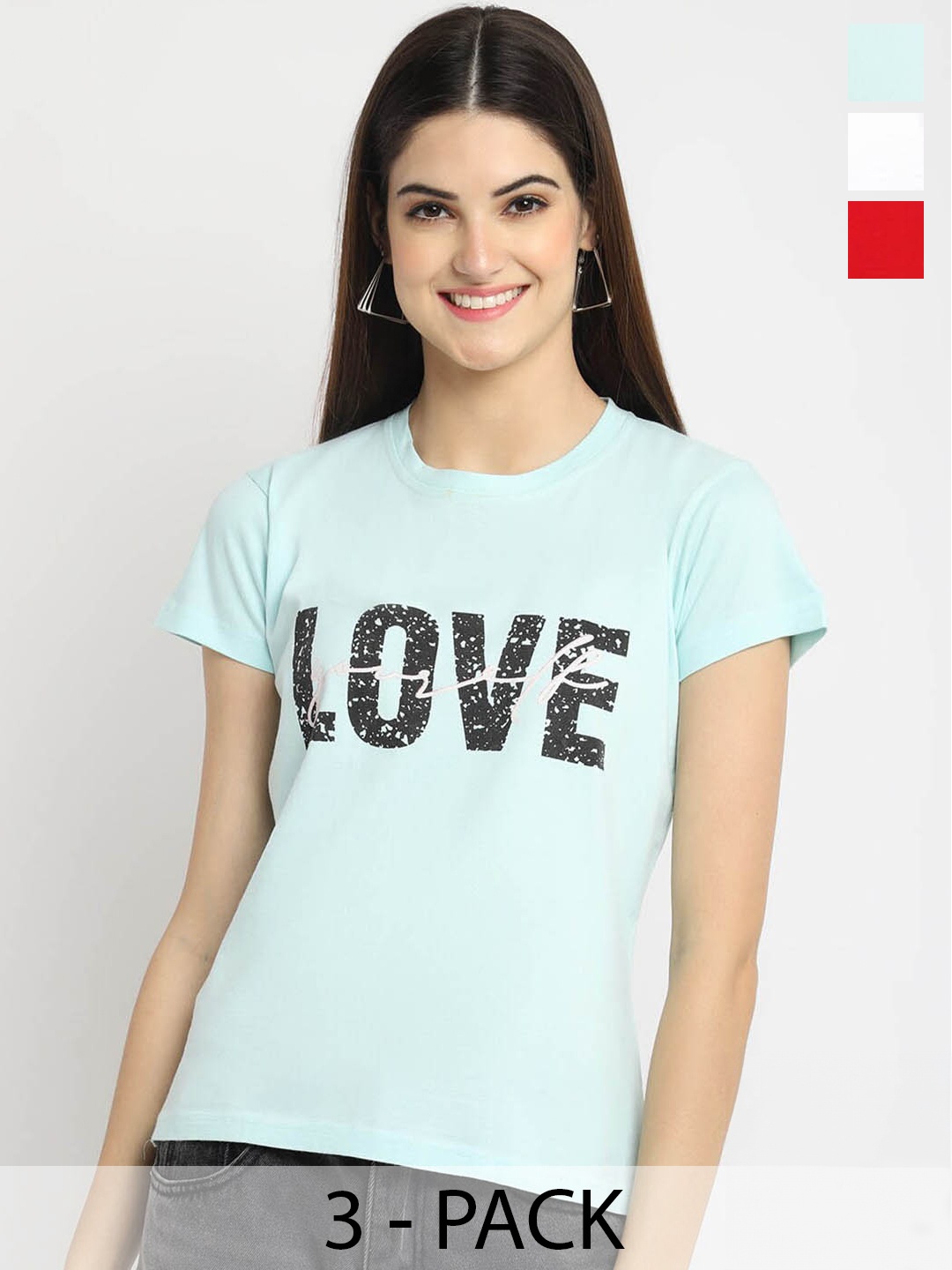 

Fabflee Pack Of 3 Typography Printed Cotton T-shirt, Blue