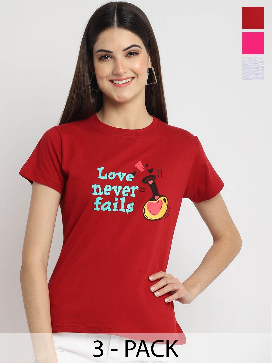 Fabflee Pack Of 3 Typography Printed Cotton T-shirt, Maroon