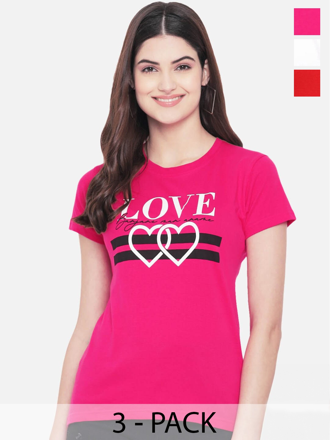 

Fabflee Pack Of 3 Typography Printed Cotton T-Shirt, Pink
