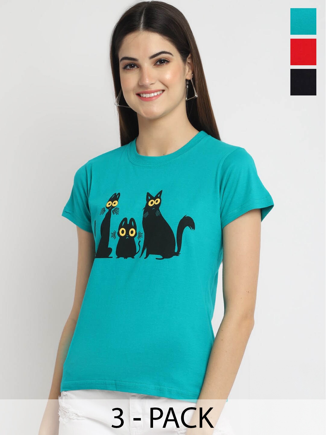 

Fabflee Pack Of 3 Graphic Printed Cotton T-shirt, Teal
