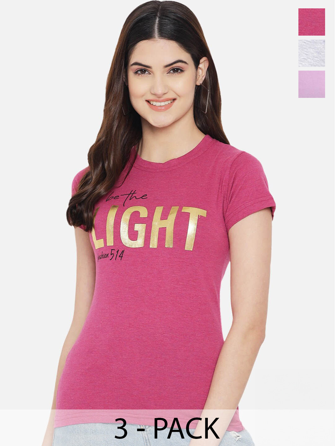 

Fabflee Pack Of 3 Printed Cotton T-shirt, Pink