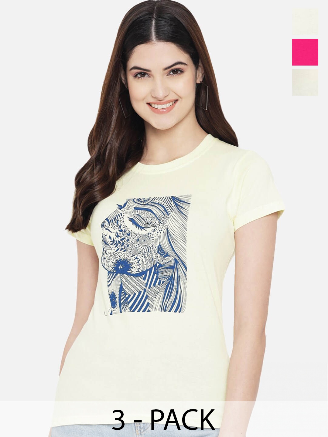 

Fabflee Regular Fit Pack Of 3 Printed Round Neck Cotton T-shirt, Pink