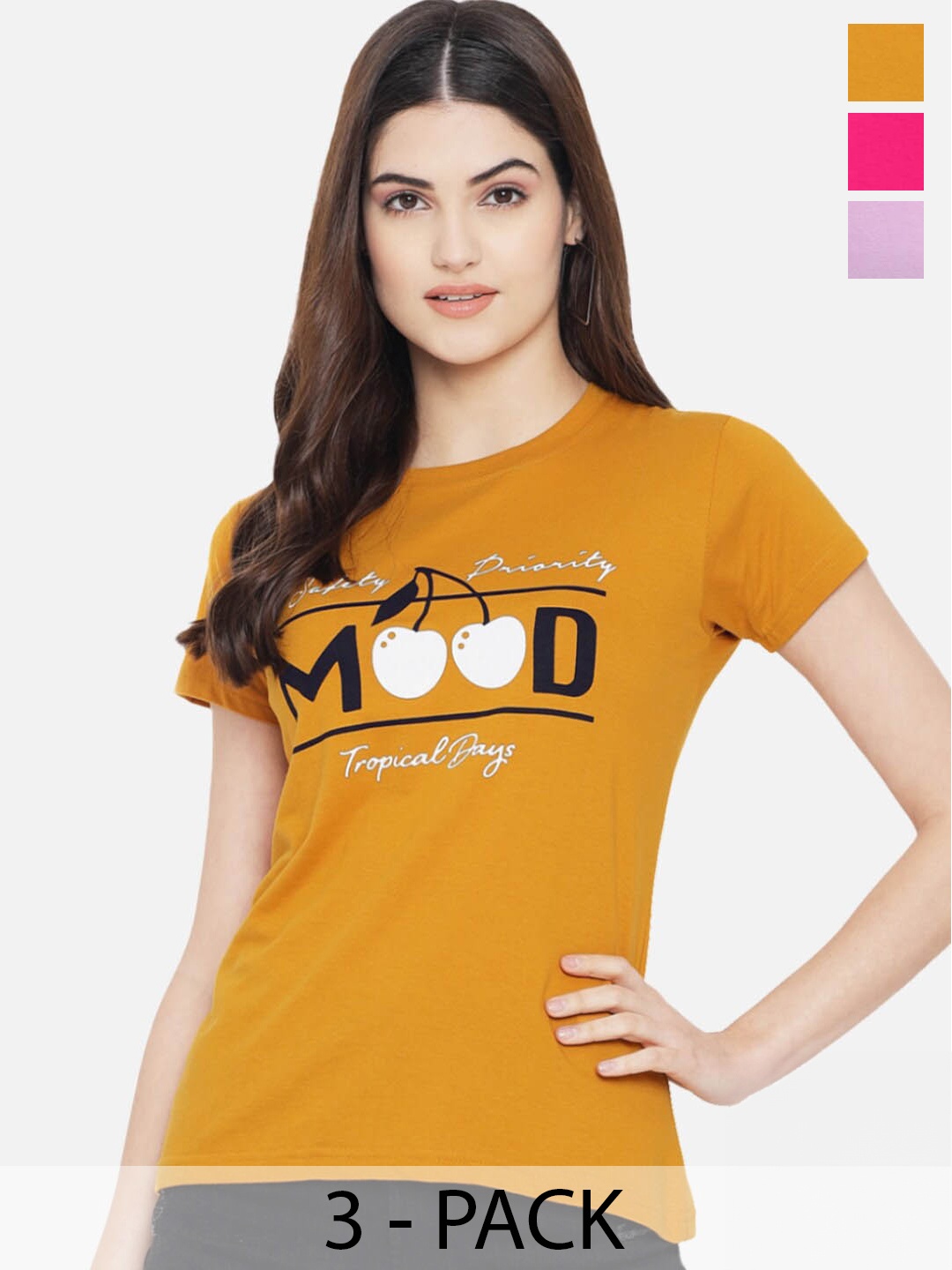 

Fabflee Pack of 3 Typography Printed Cotton T-shirt, Mustard
