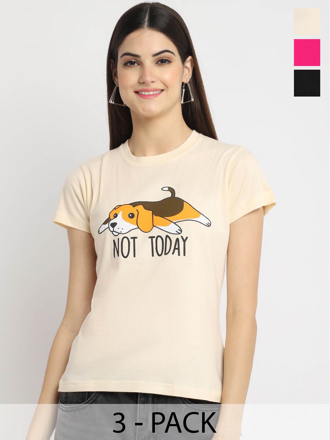 

Fabflee Pack Of 3 Typography Printed Cotton T-Shirt, Beige