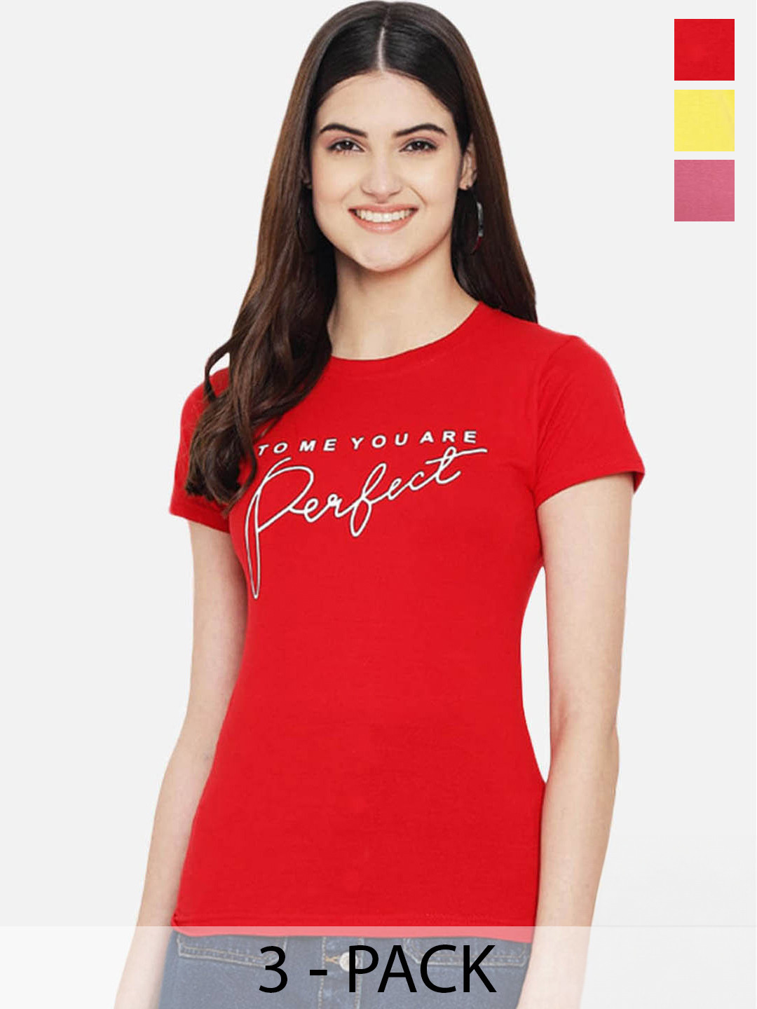 

Fabflee Pack Of 3 Typography Printed Round Neck Cotton T-shirts, Red