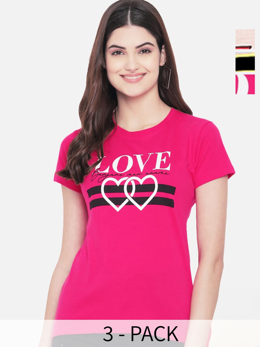 

Fabflee Pack Of 3 Typography Printed Cotton T-shirts, Pink