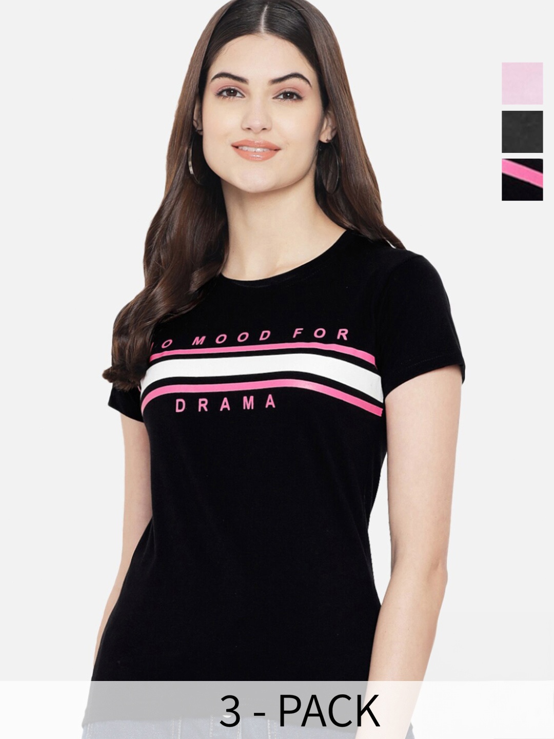 

Fabflee Pack Of 3 Typography Printed Cotton T-shirts, Black
