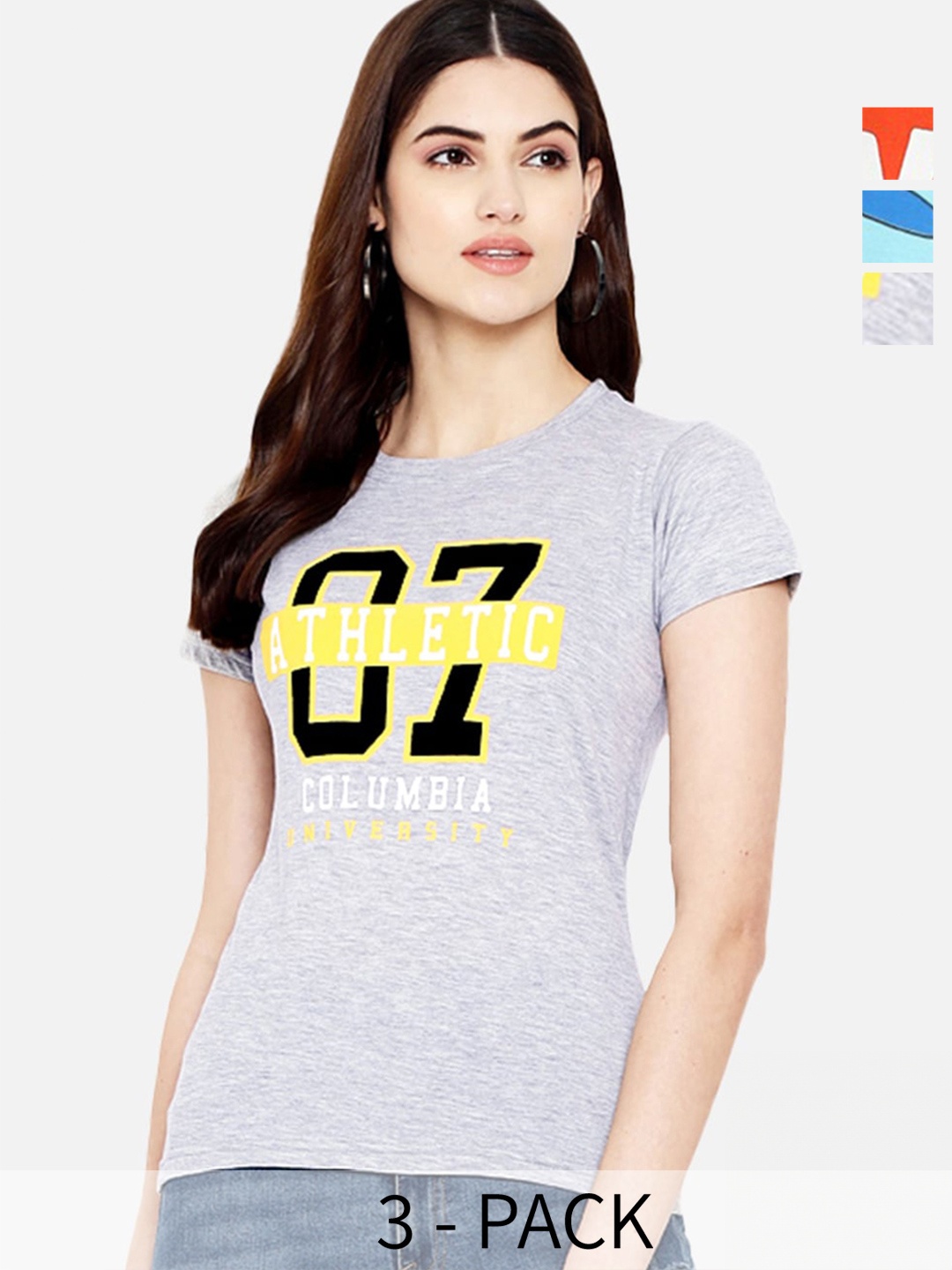 

Fabflee Pack Of 3 Typography Printed Regular Fit Cotton T-shirt, Grey