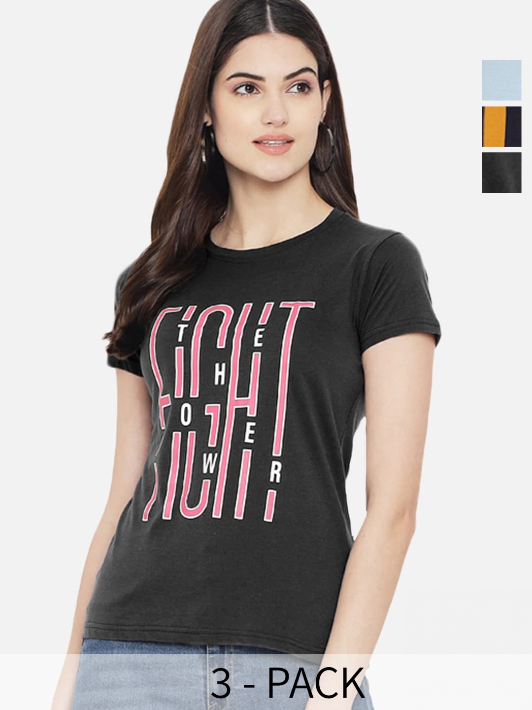 Fabflee Pack Of 3 Typography Printed Cotton T-Shirt, Black