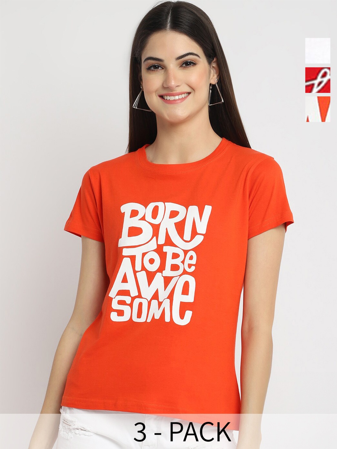 

Fabflee Pack Of 3 Typography Printed Cotton T-shirts, Orange