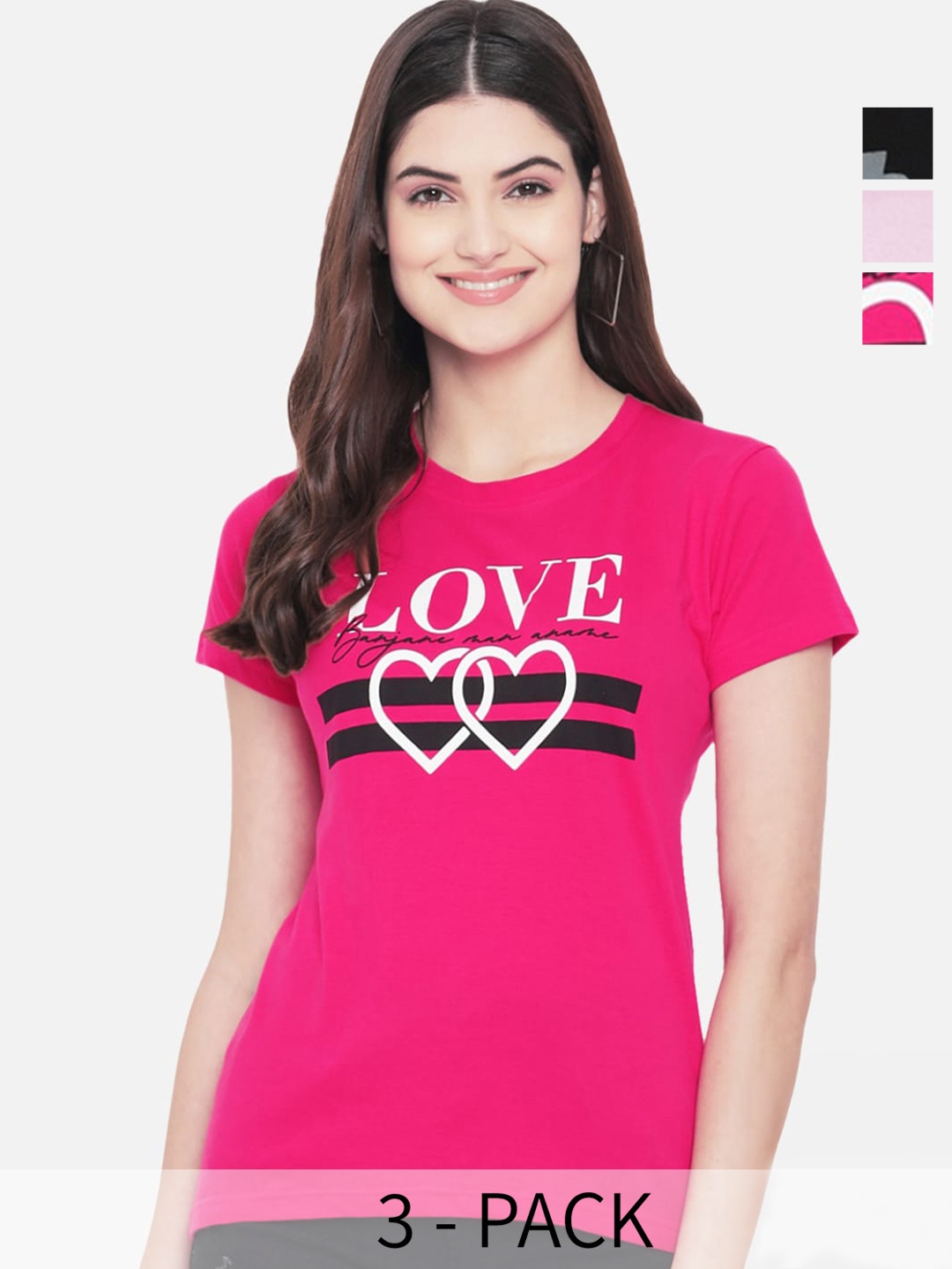 

Fabflee Pack of 3 Typography Printed Cotton T-shirt, Magenta