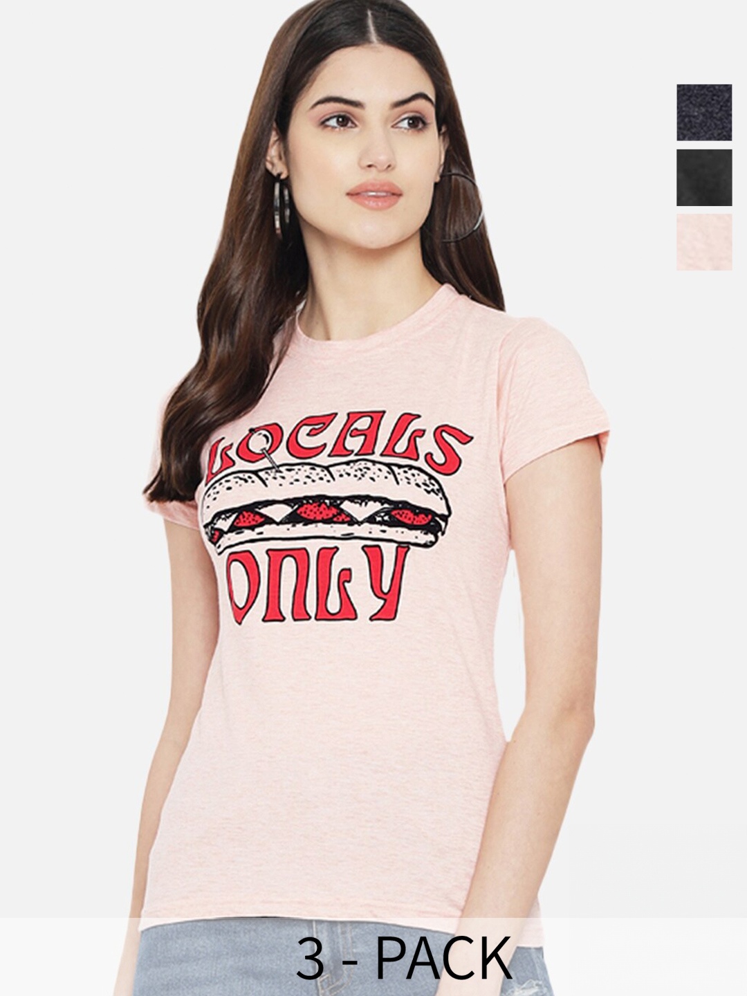 

Fabflee Pack Of 3 Typography Printed Cotton T-shirt, Peach