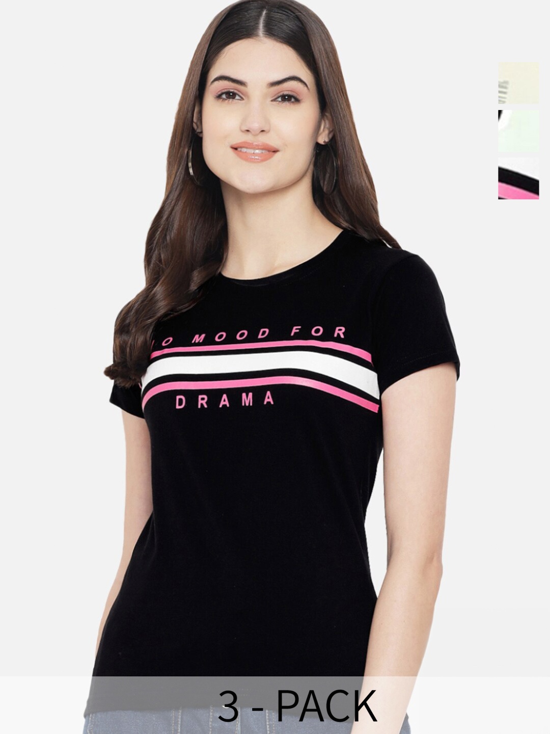 

Fabflee Pack Of 3 Typography Printed Regular Fit Cotton T-shirt, Black