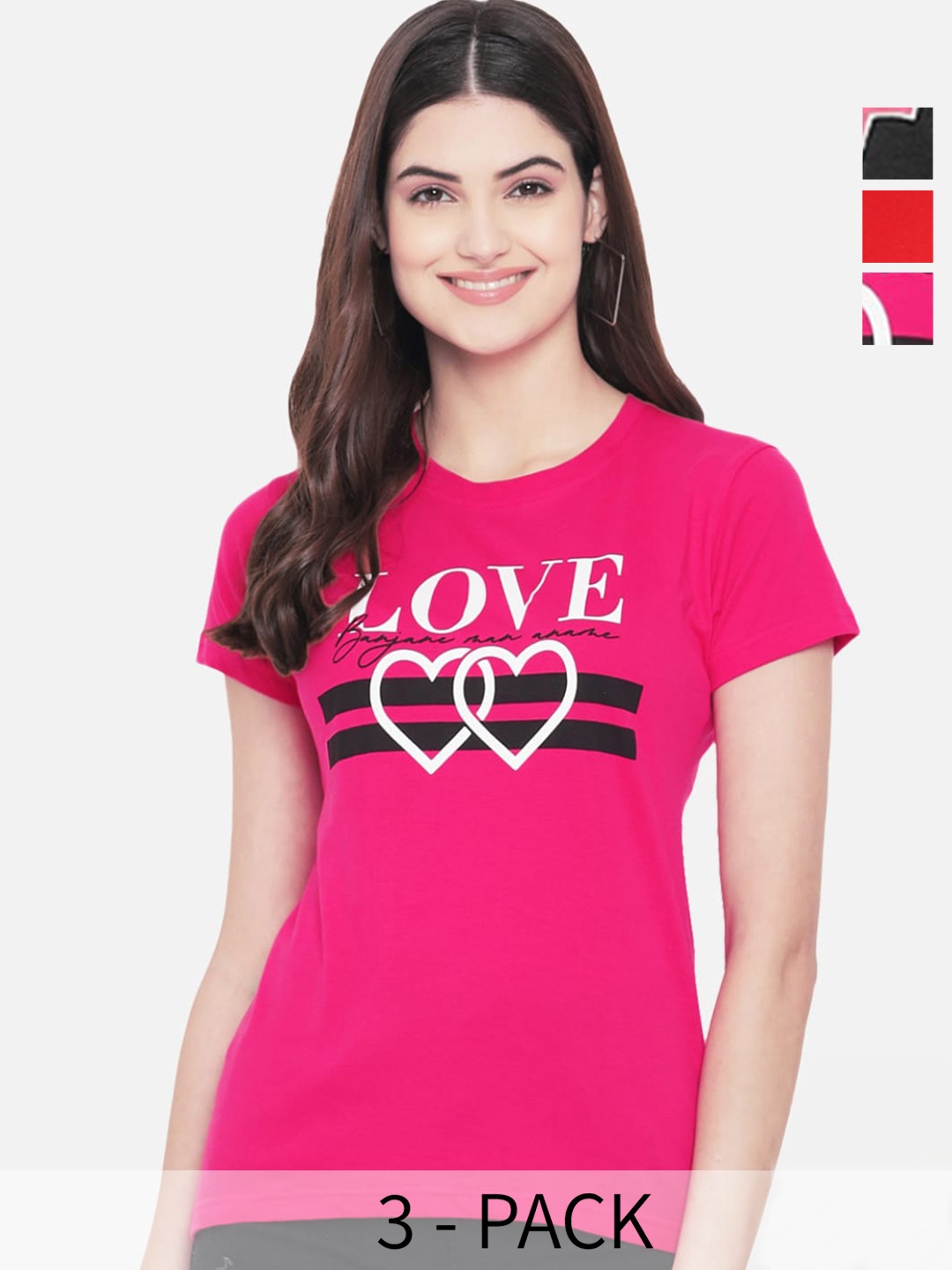 

Fabflee Pack Of 3 Typography Printed Regular Fit Cotton T-shirt, Pink