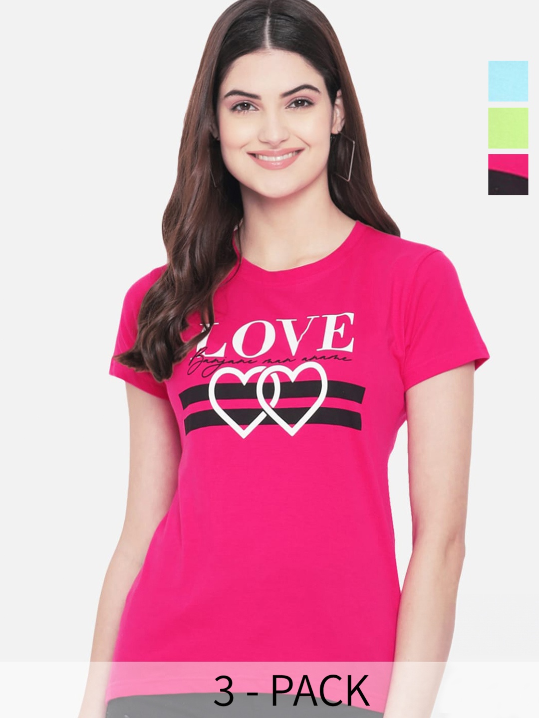 

Fabflee Pack Of 3 Typography Printed Casual Cotton T-shirts, Pink