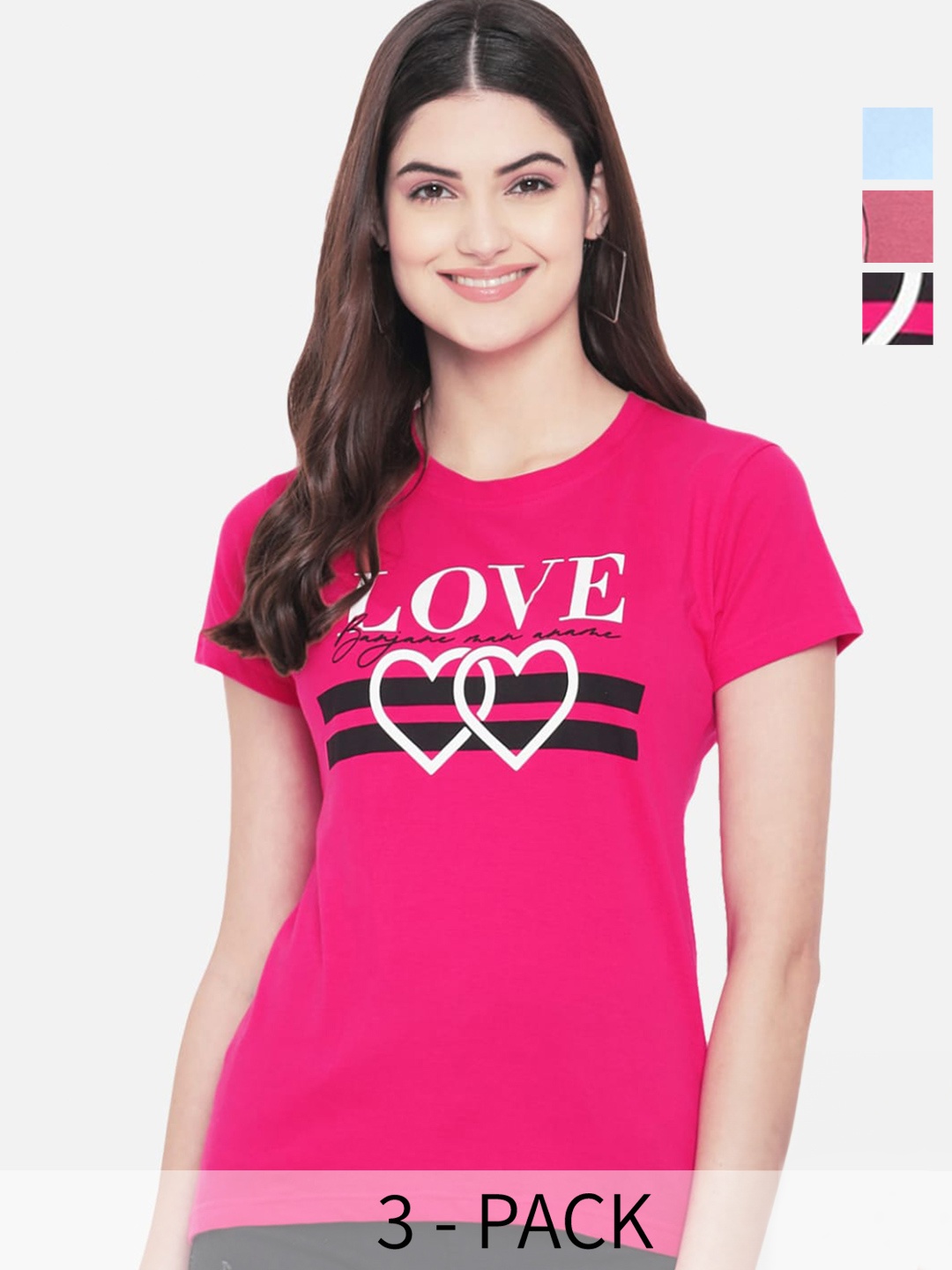 

Fabflee Pack Of 3 Typography Printed Cotton T-shirts, Pink
