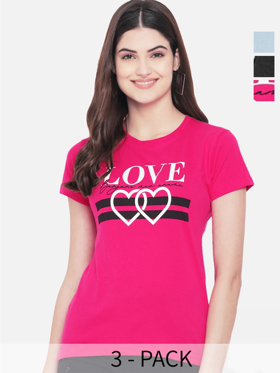 

Fabflee Pack Of 3 Typography Printed Regular Fit Cotton T-shirt, Pink