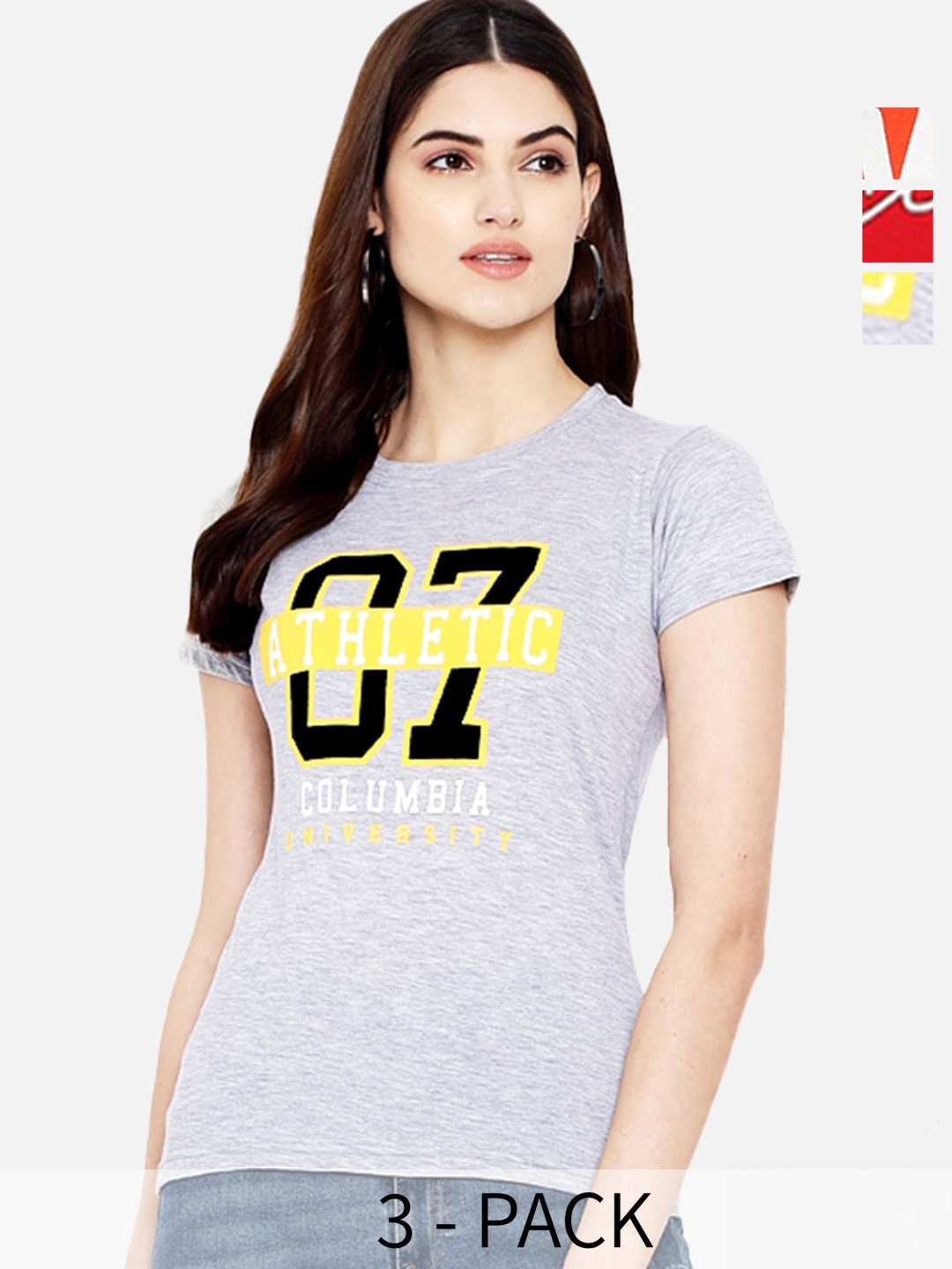 Fabflee Pack Of 3 Typography Printed Regular Fit Cotton T-shirt, Grey