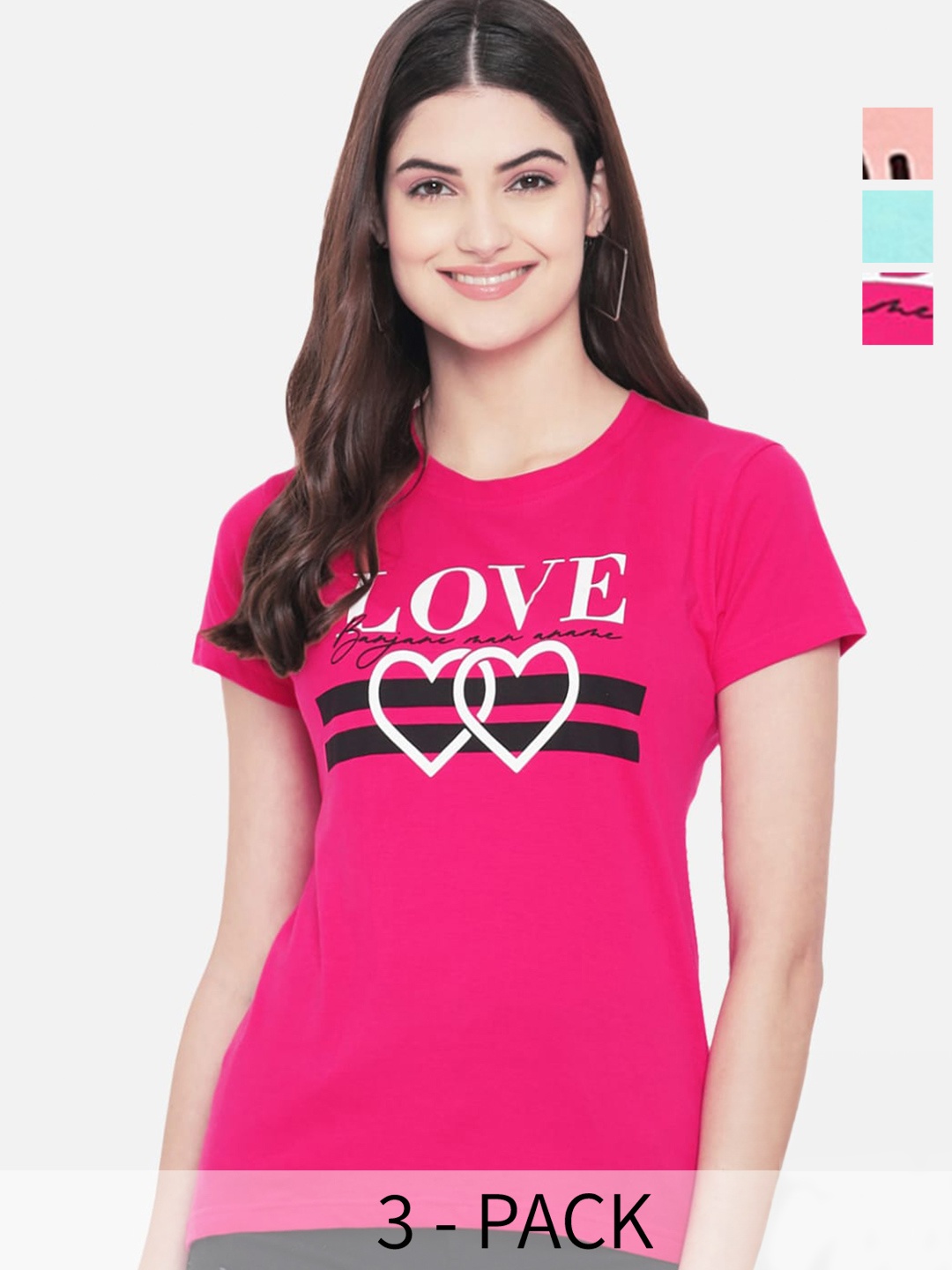 

Fabflee Pack Of 3 Typography Printed Cotton T-shirts, Pink