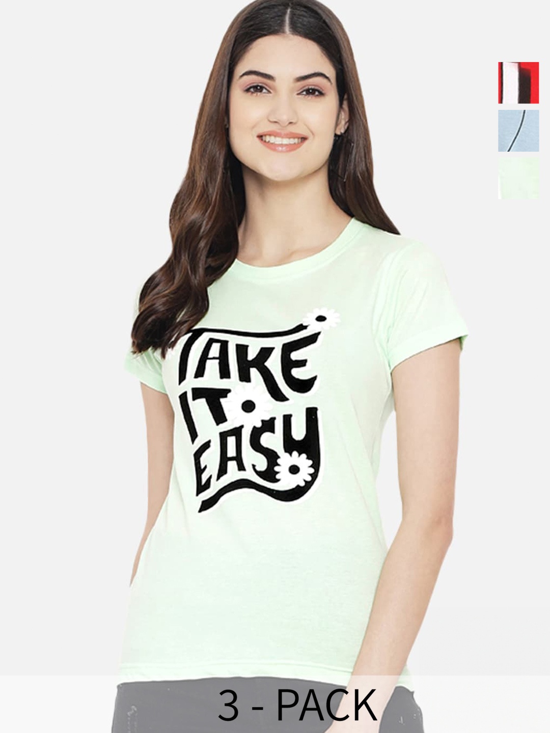 

Fabflee Pack Of 3 Typography Printed Cotton T-Shirt, Green