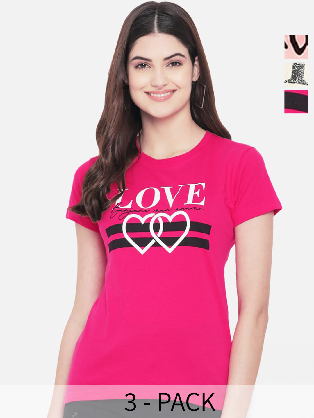 

Fabflee Pack Of 3 Printed Cotton T-shirts, Pink