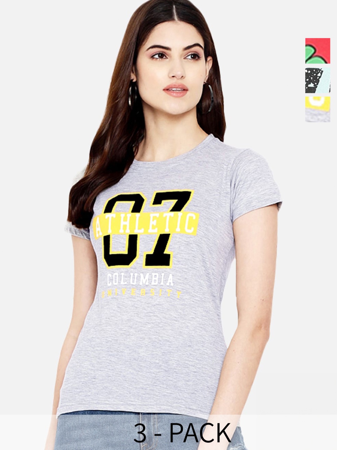 Fabflee Pack Of 3 Typography Printed Cotton T-Shirt, Grey