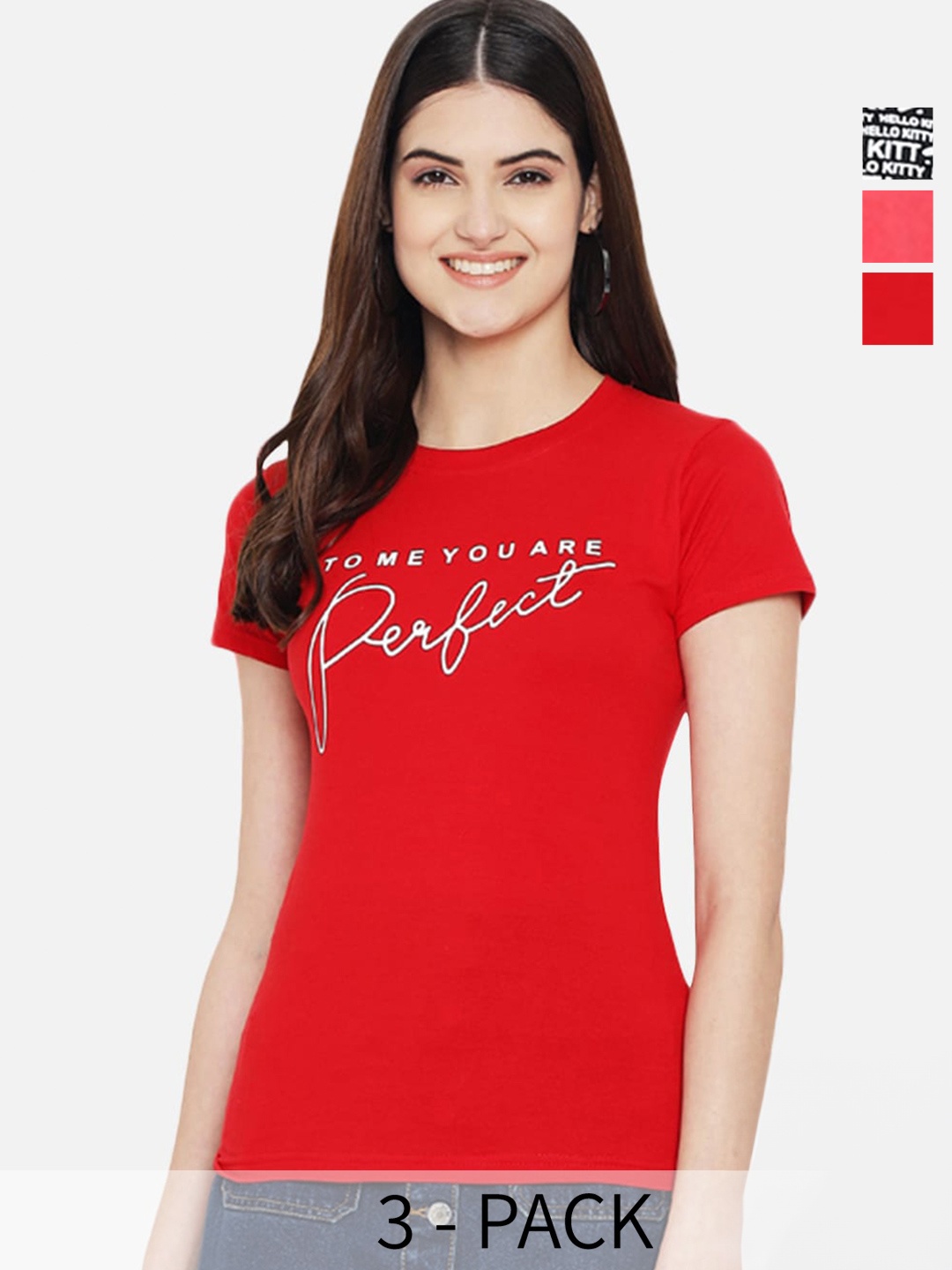 Fabflee Pack Of 3 Typography Printed Cotton T-shirts, Red