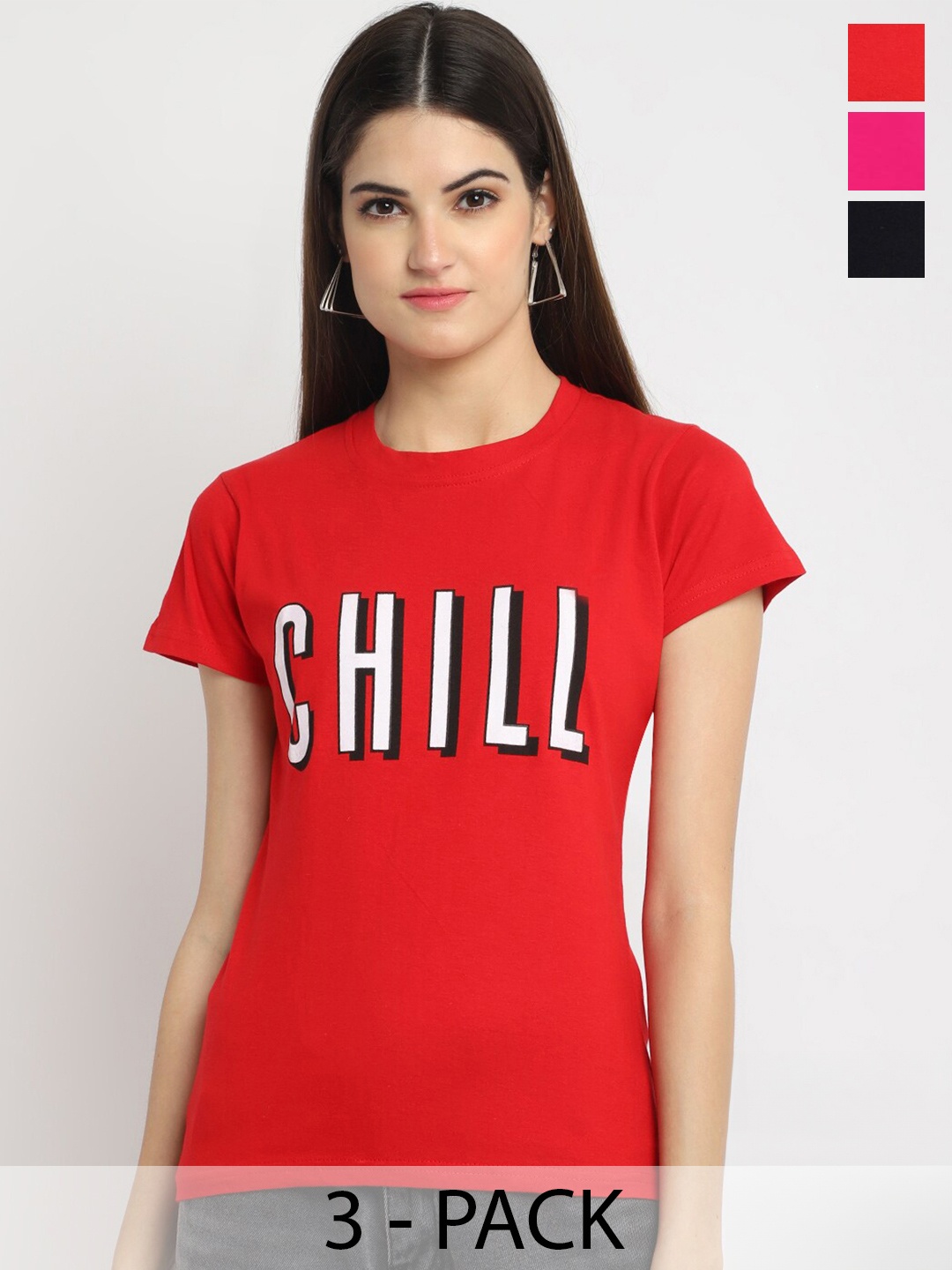 

Fabflee Pack Of 3 Typography Printed Cotton T-shirt, Red