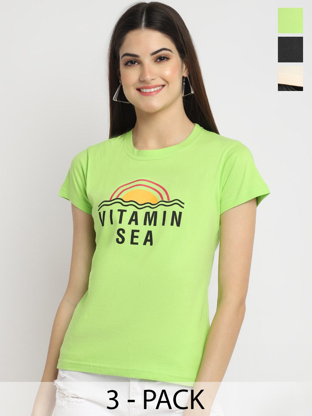 

Fabflee Pack Of 3 Typography Printed Cotton T-shirt, Green