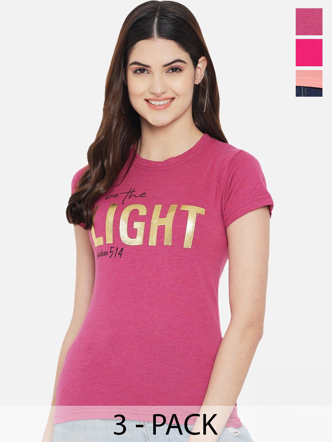 

Fabflee Pack Of 3 Printed Cotton T-shirt, Pink