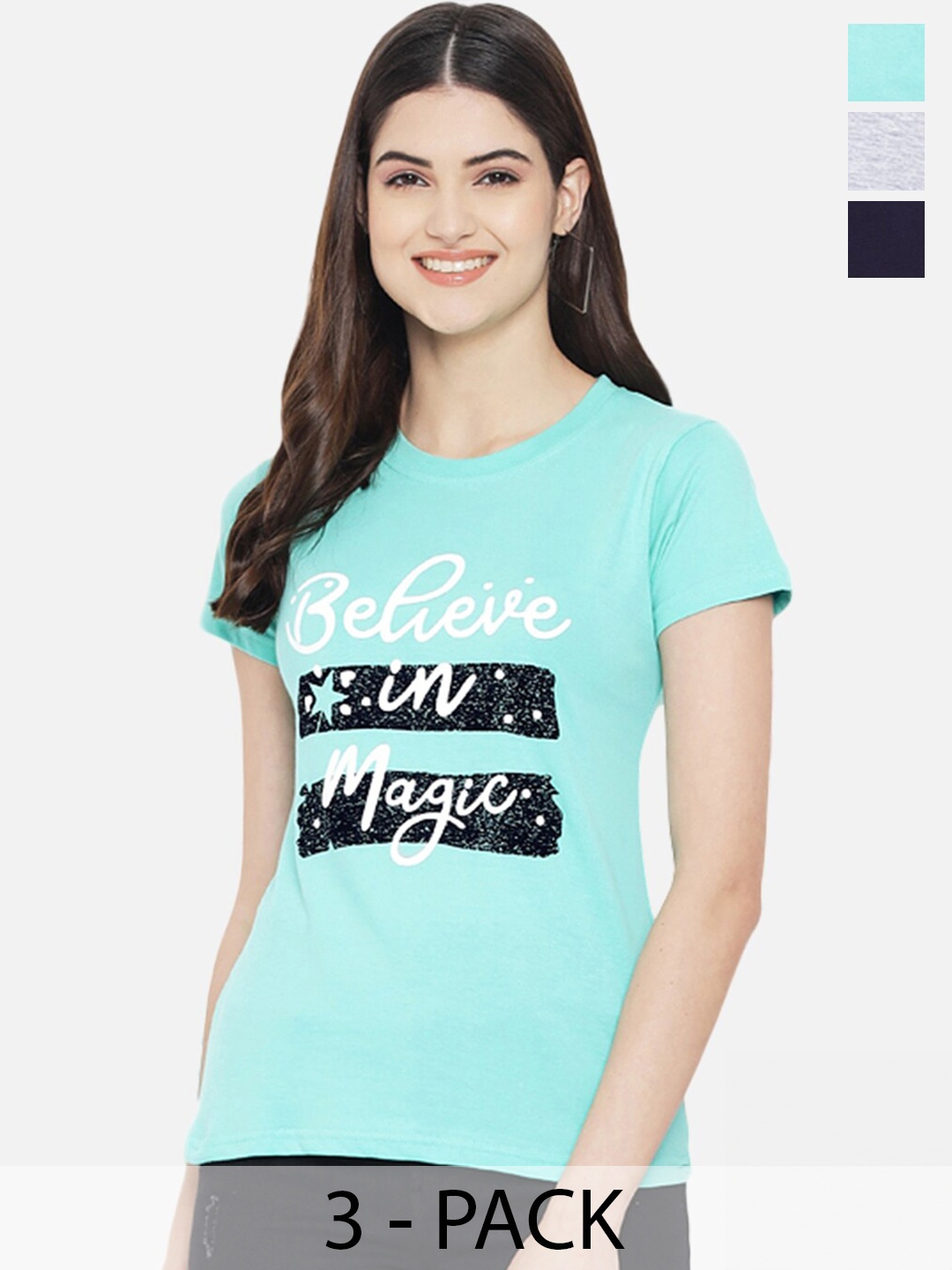 

Fabflee Pack Of 3 Typography Printed Cotton T-shirt, Sea green