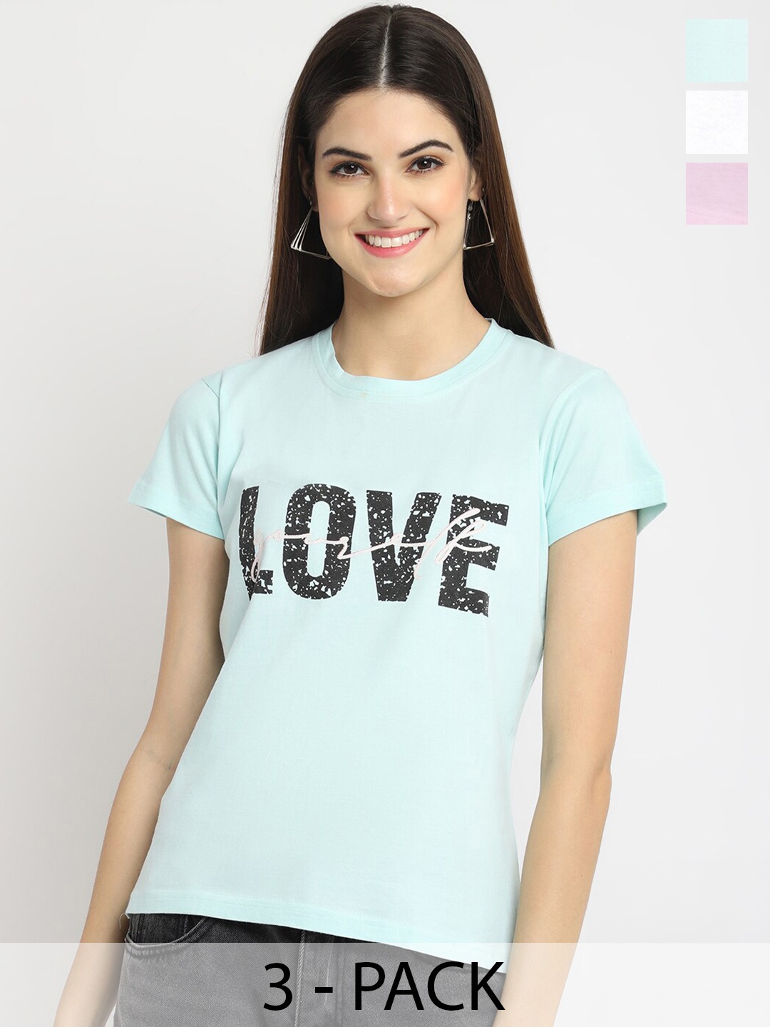 

Fabflee Pack Of 3 Printed Cotton T-shirt, Sea green