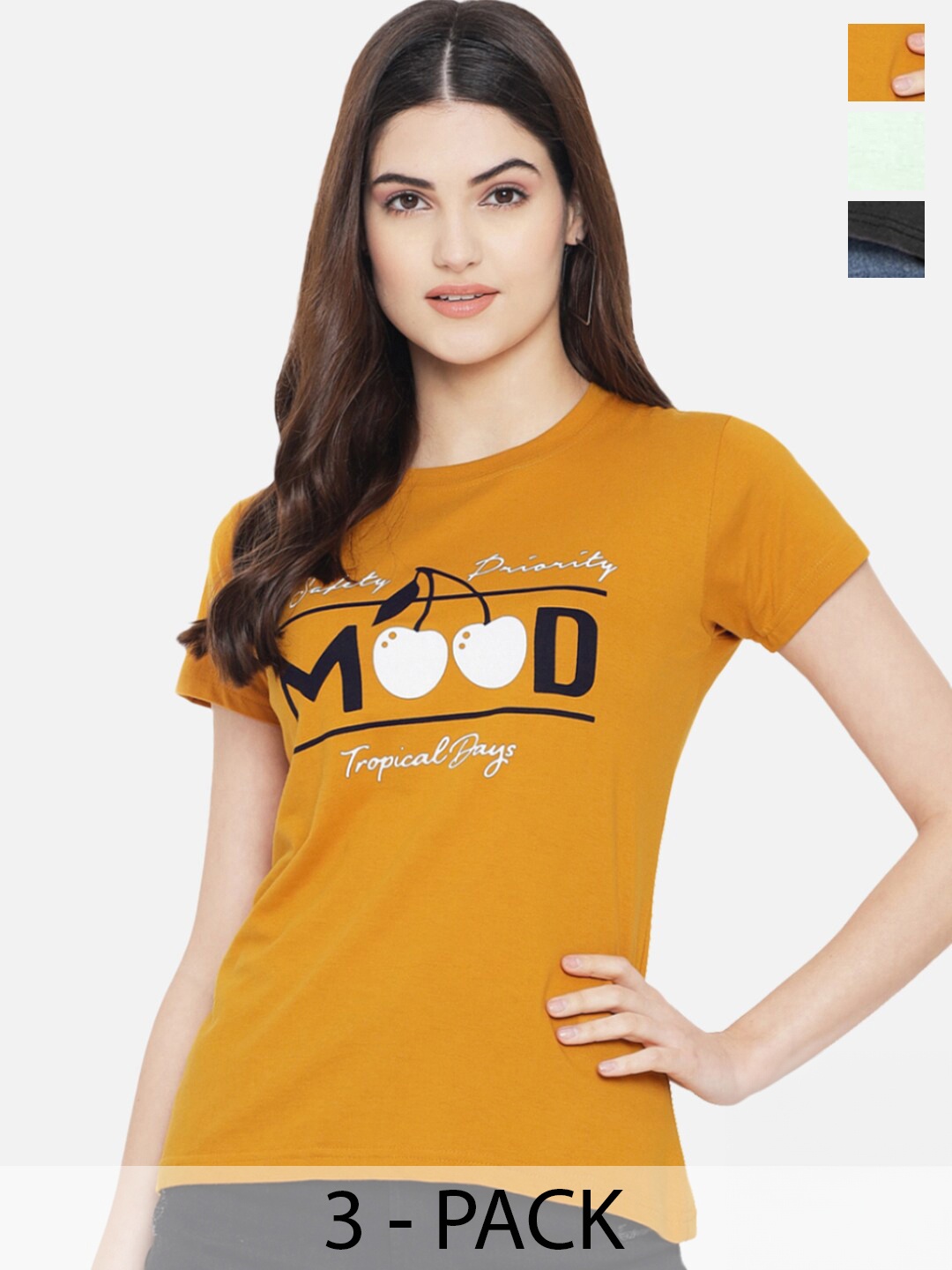 Fabflee Pack of 3 Typography Printed Cotton T-shirts, Mustard