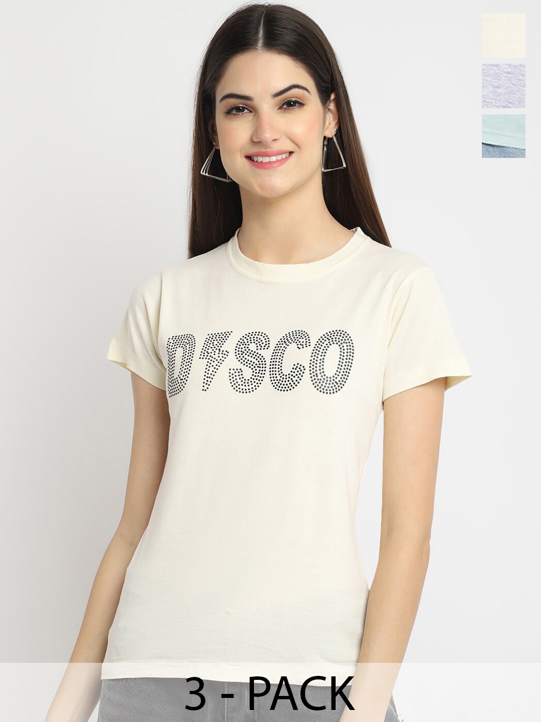 

Fabflee Pack Of 3 Printed Cotton T-shirt, Cream