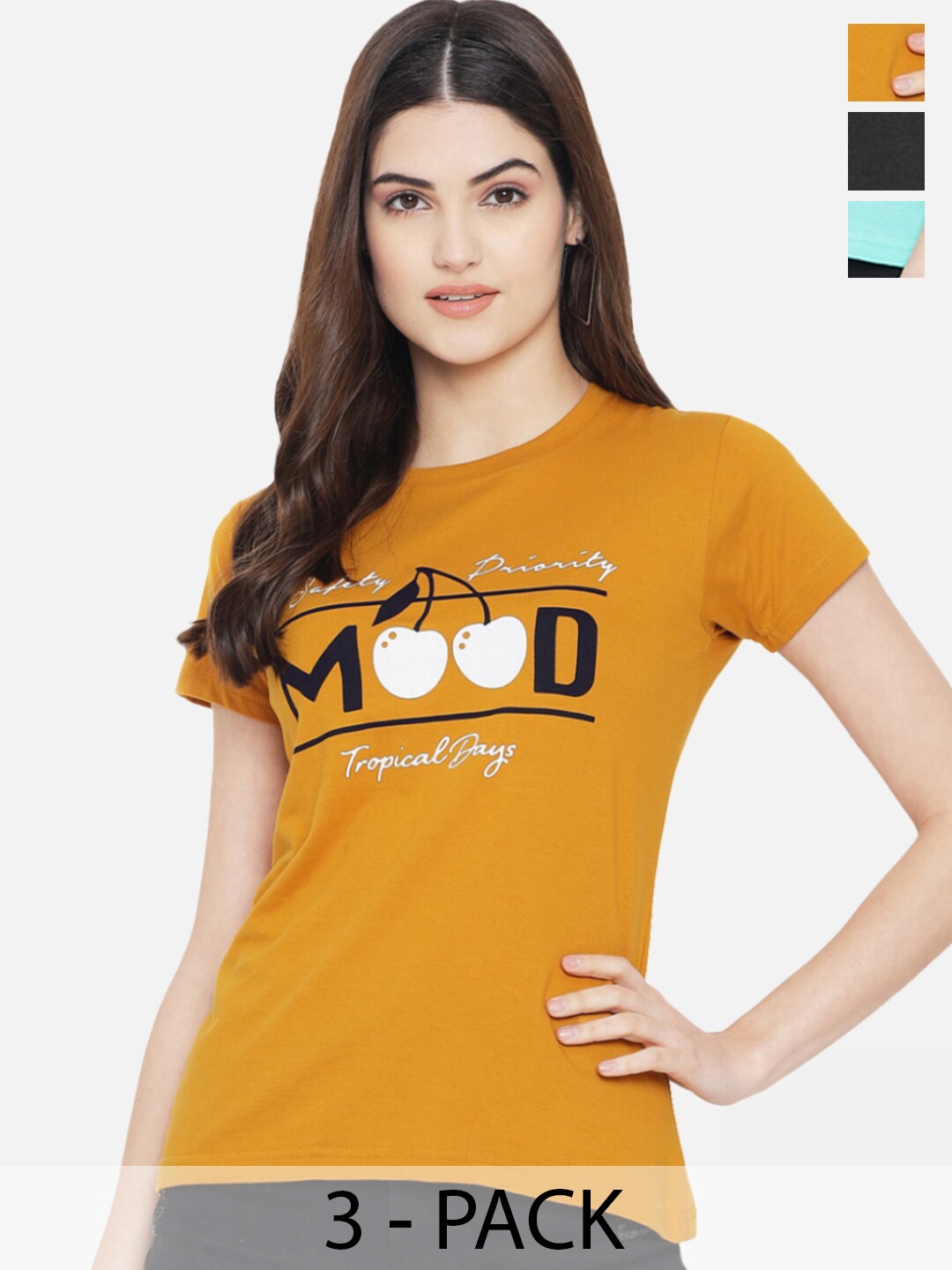 

Fabflee Pack Of 3 Typography Printed Round Neck Cotton T-shirts, Mustard