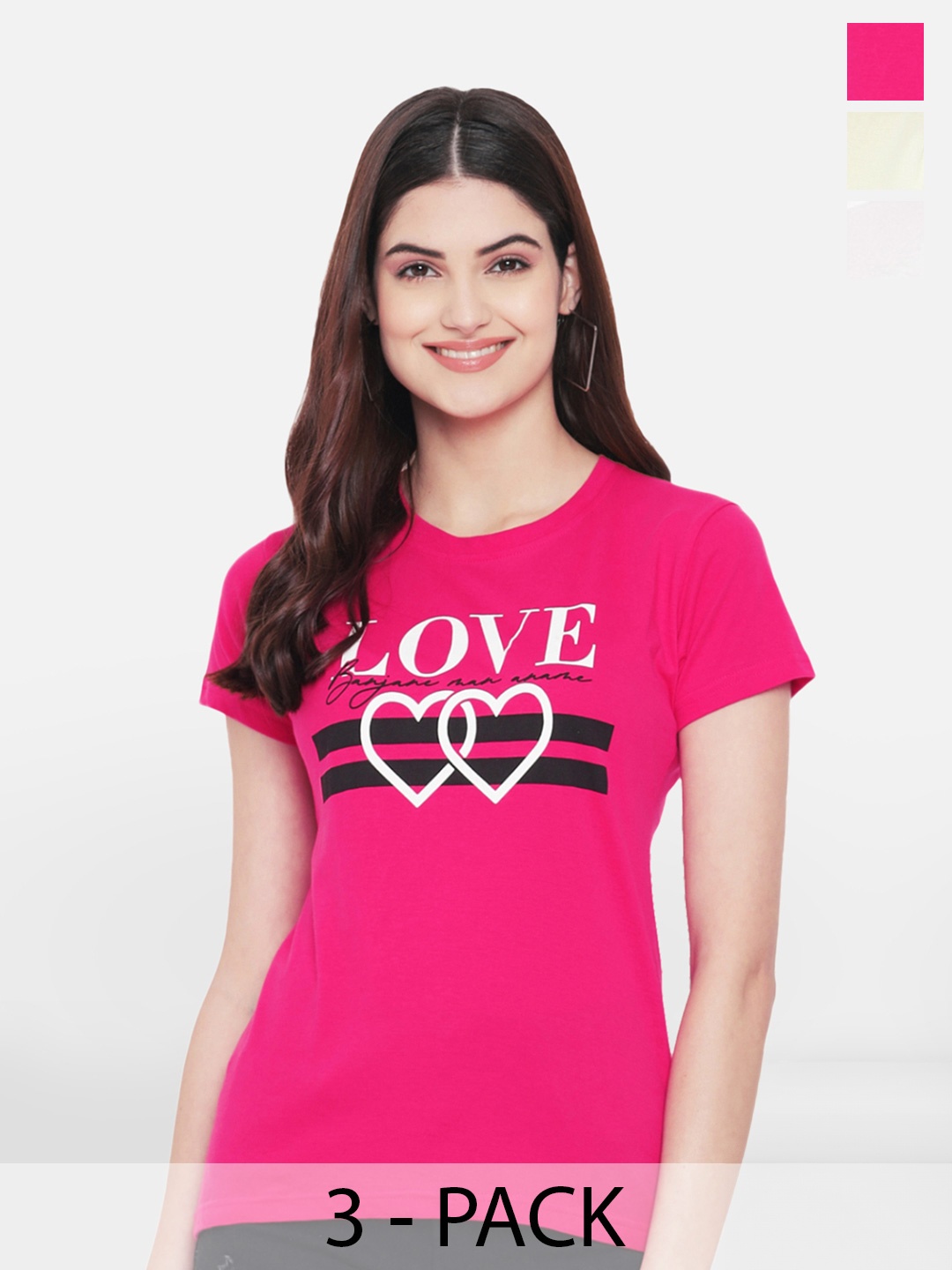 

Fabflee Pack Of 3 Typography Printed Cotton T-shirt, Pink