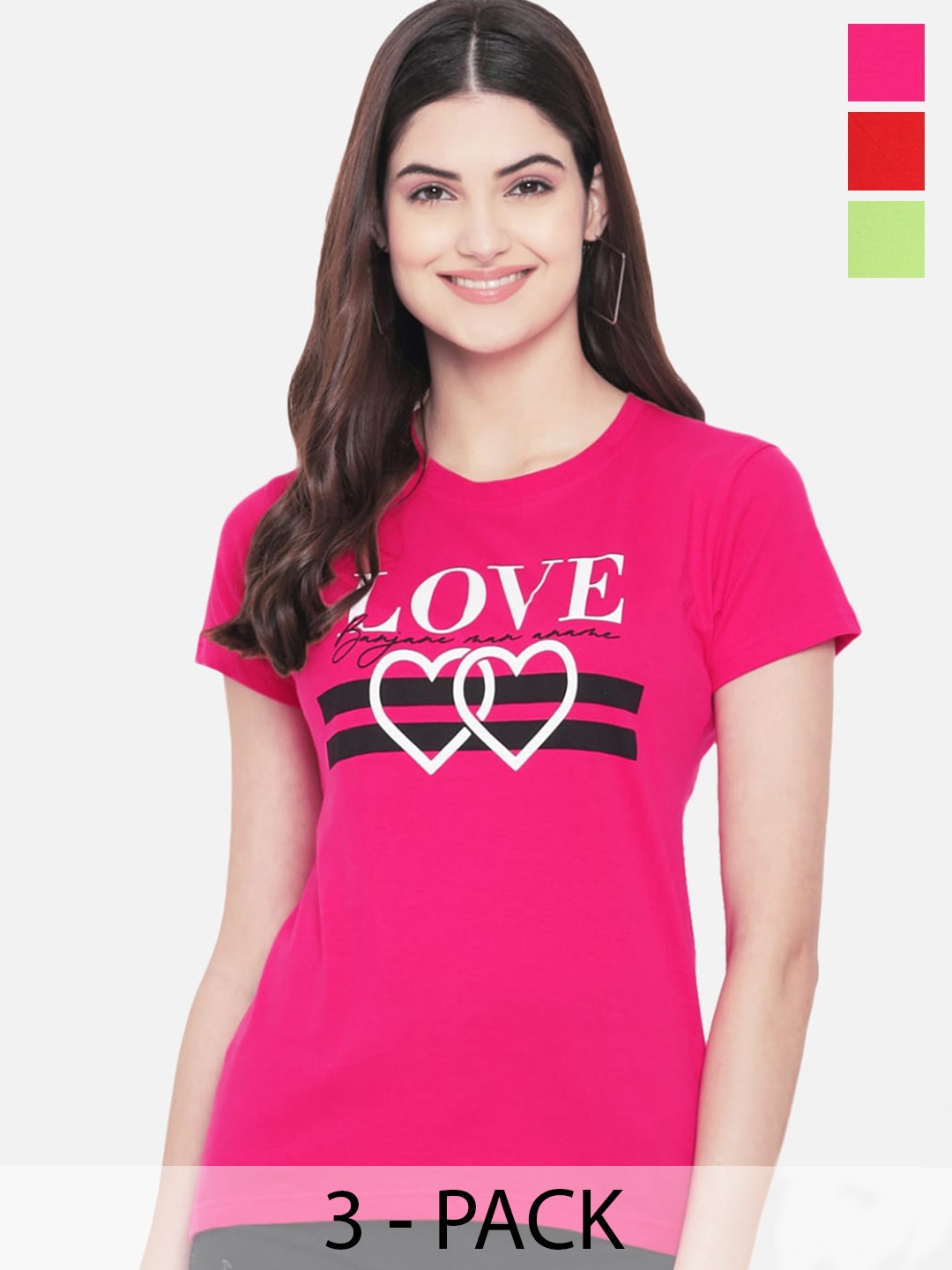 Fabflee Pack of 3 Typography Printed Cotton T-shirts, Pink