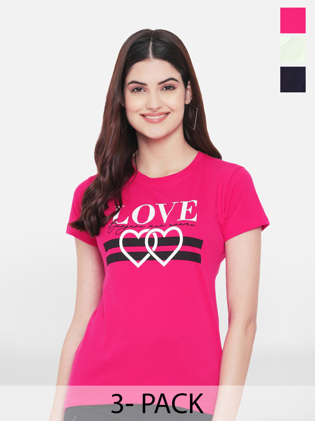 

Fabflee Pack Of 3 Typography Printed Cotton T-shirt, Pink
