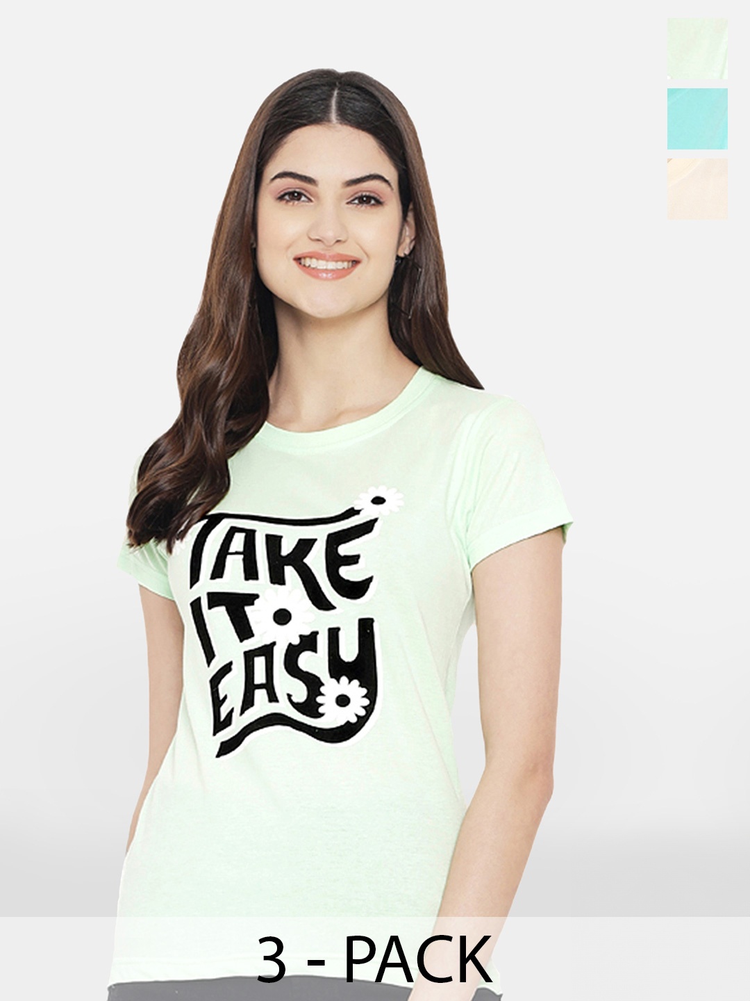 

Fabflee Pack Of 3 Typography Printed Casual Cotton T-shirts, Green
