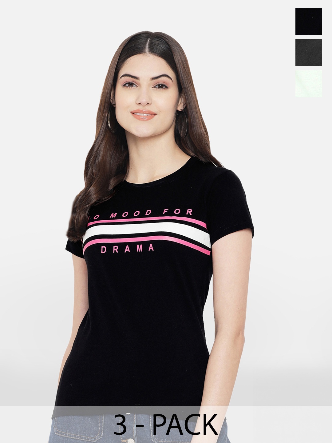 

Fabflee Pack Of 3 Typography Printed Cotton T-Shirts, Black