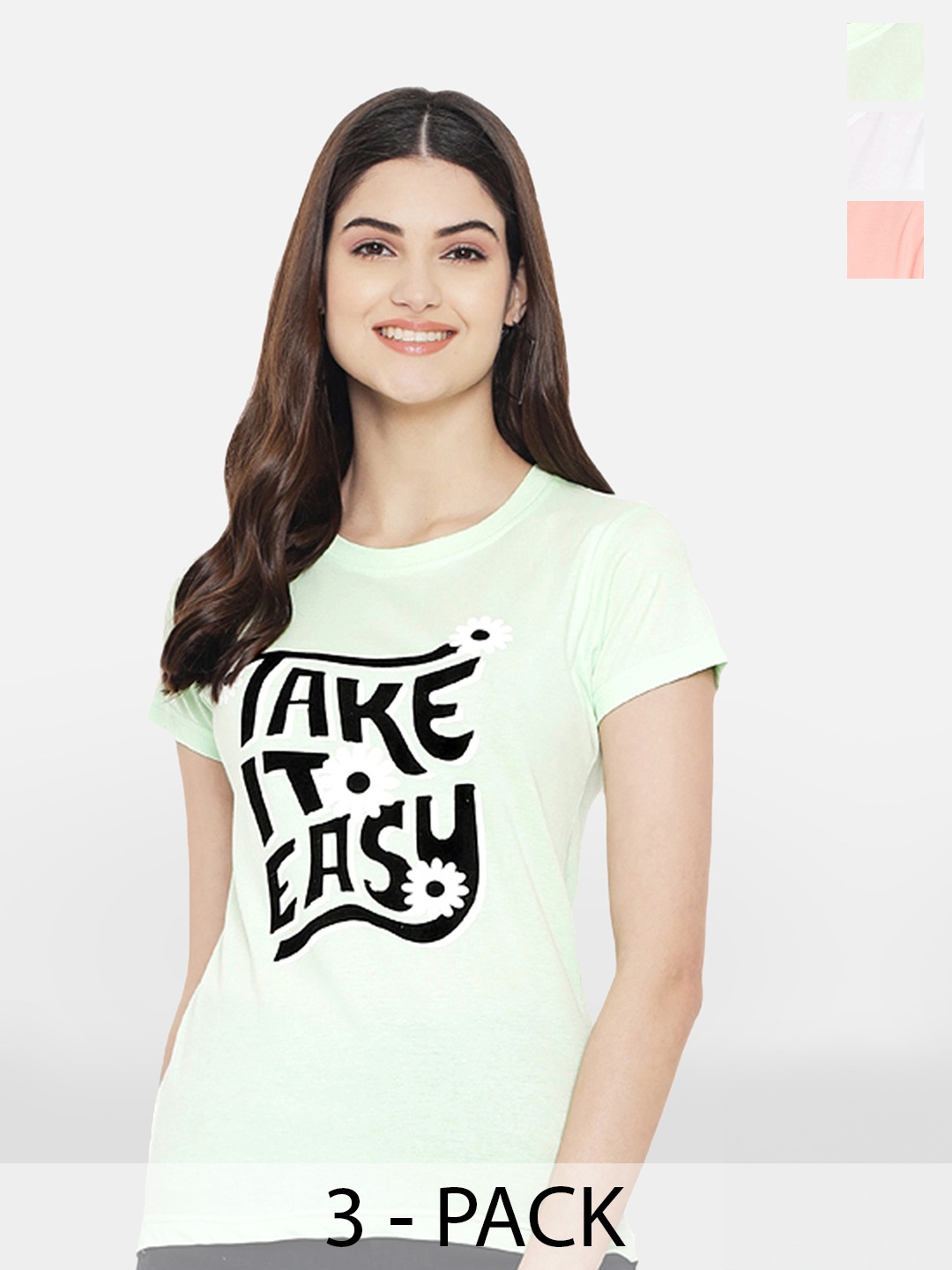 Fabflee Pack Of 3 Typography Printed Cotton T-Shirts, Sea green