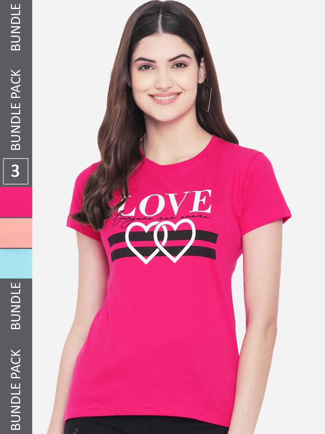 

Fabflee Pack Of 3 Typography Printed Cotton T-shirt, Pink