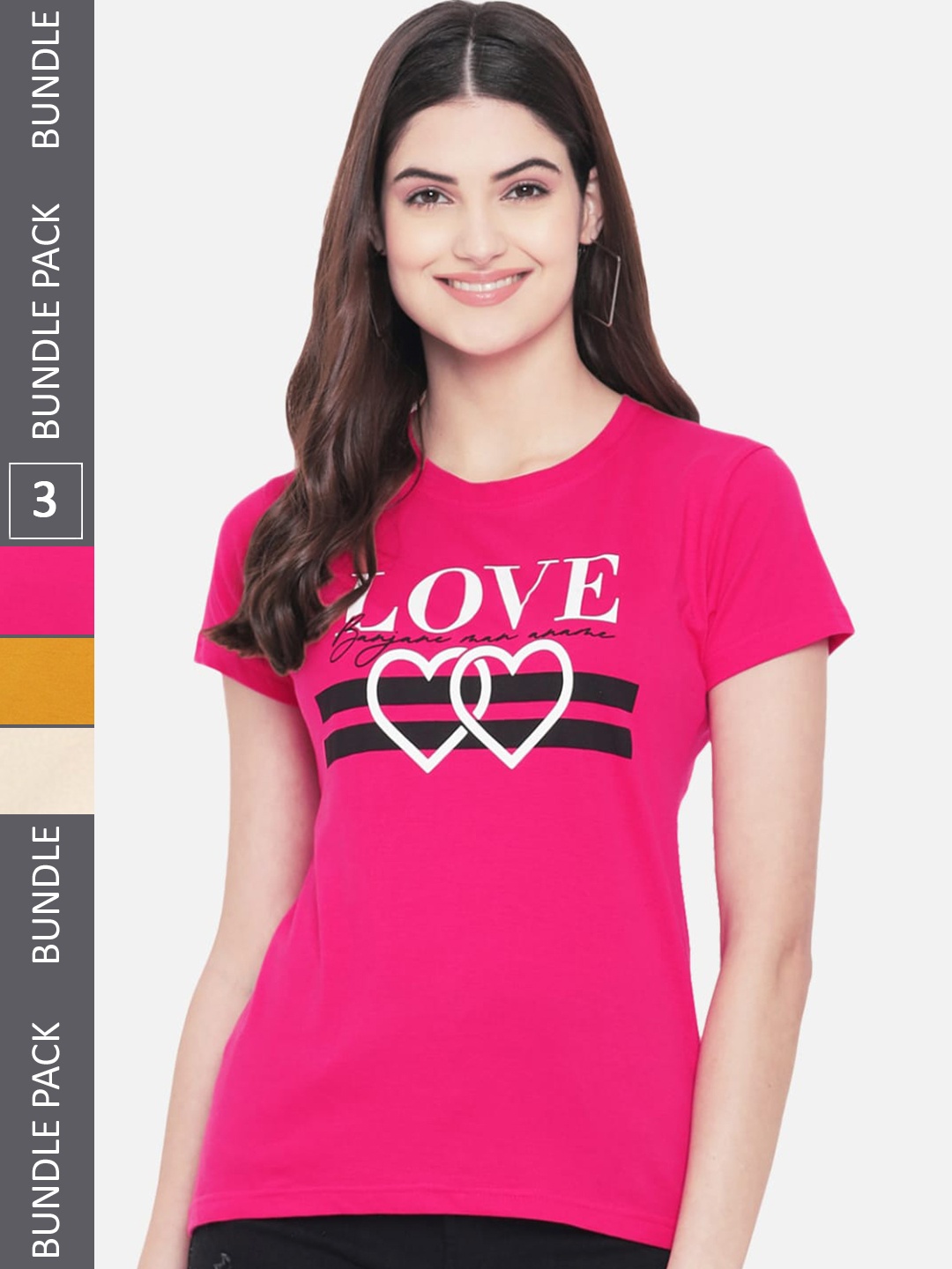 

Fabflee Pack of 3 Typography Printed Cotton T-shirts, Pink