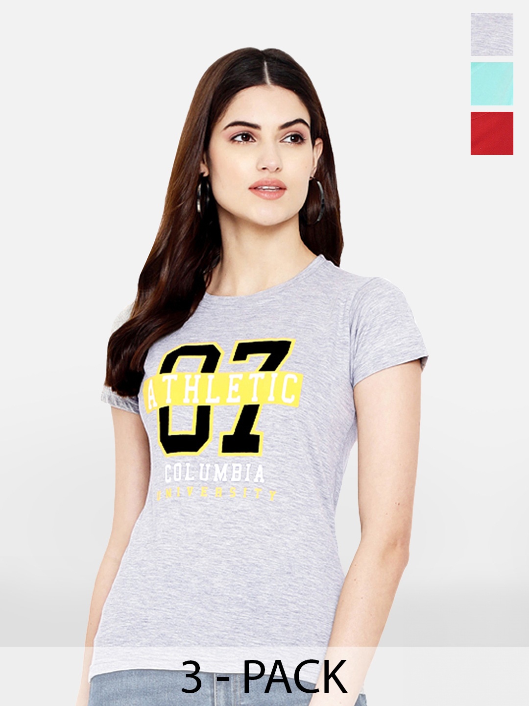 

Fabflee Pack Of 3 Typography Printed Cotton T-shirt, Grey